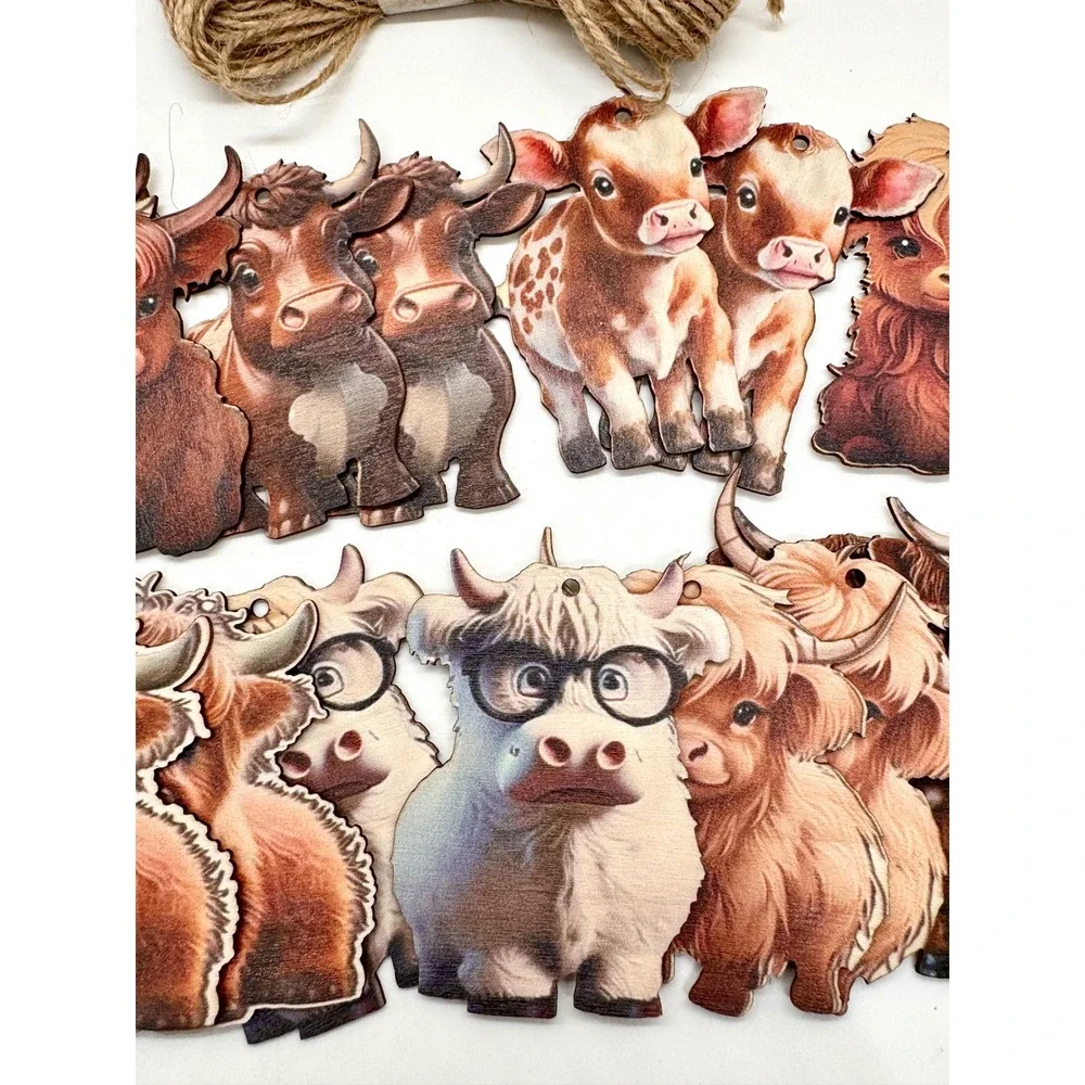 Highland Cow Wooden Ornaments Set Farmhouse Cattle Decor Jute Twine Garland 20pc